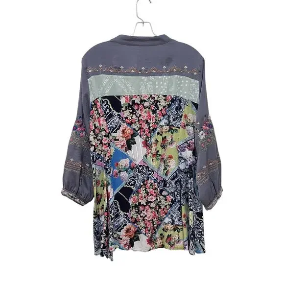 John Mark Shirt Womens Large Gray Embroidered Floral Boho Tunic Top Blouse - Picture 2 of 10